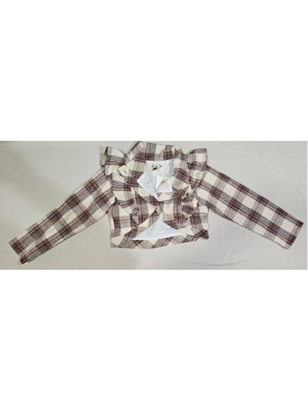 Joyfolie Ellery Plaid Ruffle Jacket Girls Size 7 in Ecru Plaid